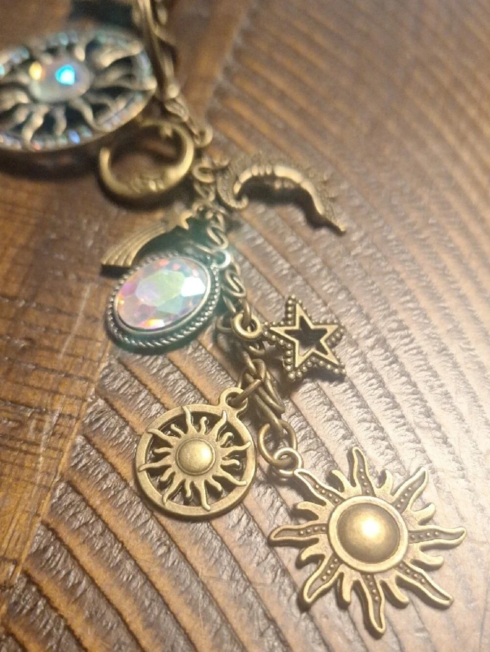 Bronze Celestial Sun & Moon Charm Keychain Bag Charm with Iridescent Crystals